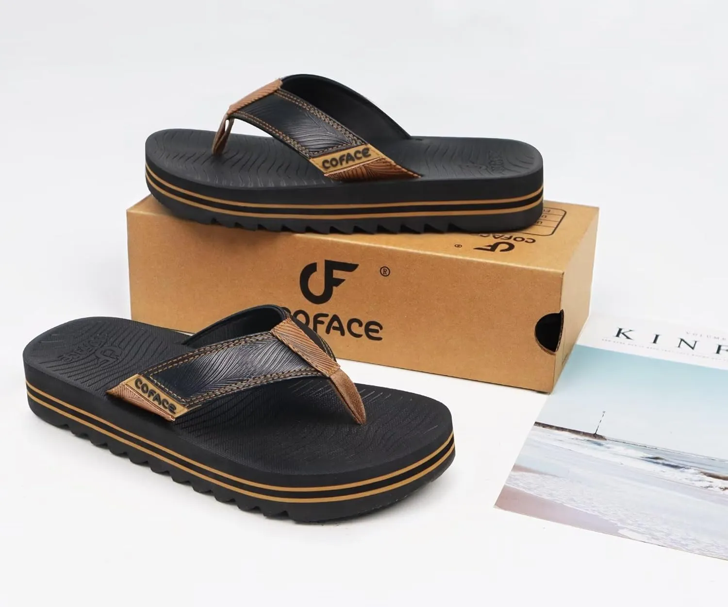 COFACE Mens Arch Support Flip Flops Yoga Mat Comfortable Thick Cushion Recovery Walking Thong Sandals Lightweight Slip On Summer Beach Slippers