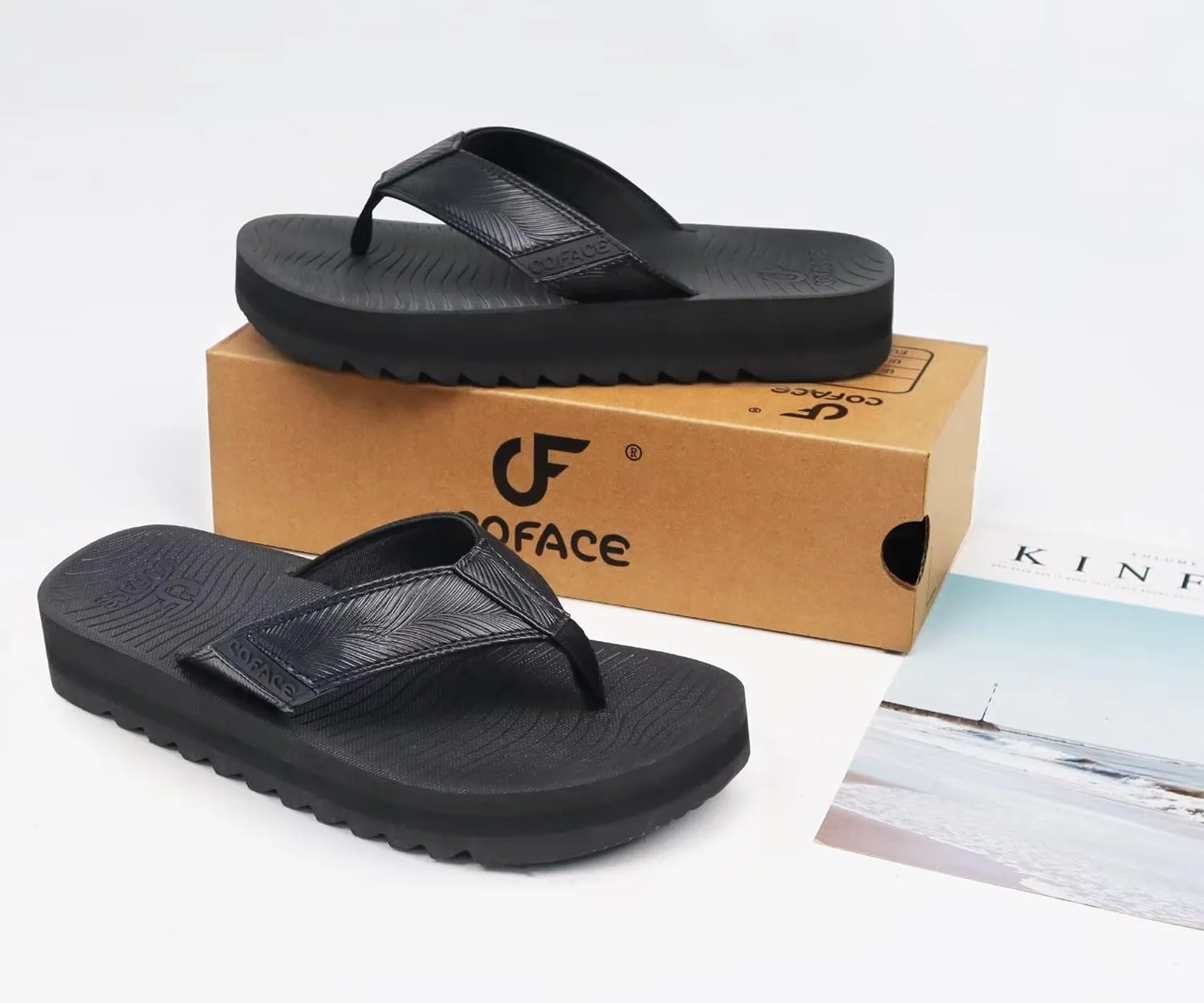 COFACE Mens Arch Support Flip Flops Yoga Mat Comfortable Thick Cushion Recovery Walking Thong Sandals Lightweight Slip On Summer Beach Slippers