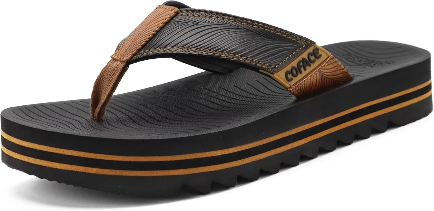 COFACE Mens Arch Support Flip Flops Yoga Mat Comfortable Thick Cushion Recovery Walking Thong Sandals Lightweight Slip On Summer Beach Slippers