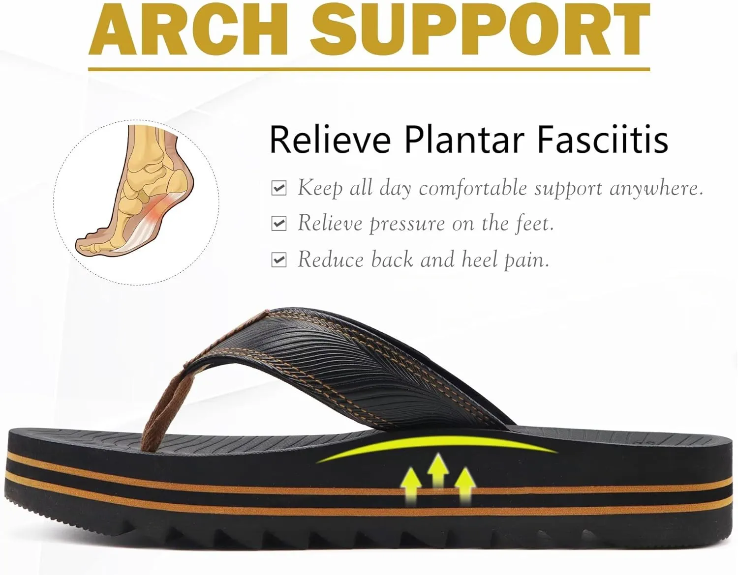 COFACE Mens Arch Support Flip Flops Yoga Mat Comfortable Thick Cushion Recovery Walking Thong Sandals Lightweight Slip On Summer Beach Slippers