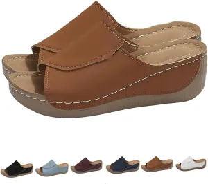 Comfortable Arch Support Slides Women's Solid Color Sandals, Breathable Summer Orthotic Leather Platform Wedge Sandals