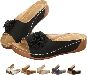 Comfortable Non-slip Solid Color Open-Toe Wedge Sandals for Women Dress Orthopedic Summer Ladies Platform Leather Wedge Arch Support Slip on Shoes Dressy Casual Comfy Slides Flat Beach Sandals