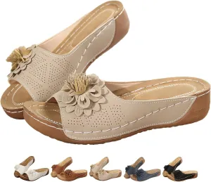 Comfortable Non-slip Solid Color Open-Toe Wedge Sandals for Women Dress Orthopedic Summer Ladies Platform Leather Wedge Arch Support Slip on Shoes Dressy Casual Comfy Slides Flat Beach Sandals