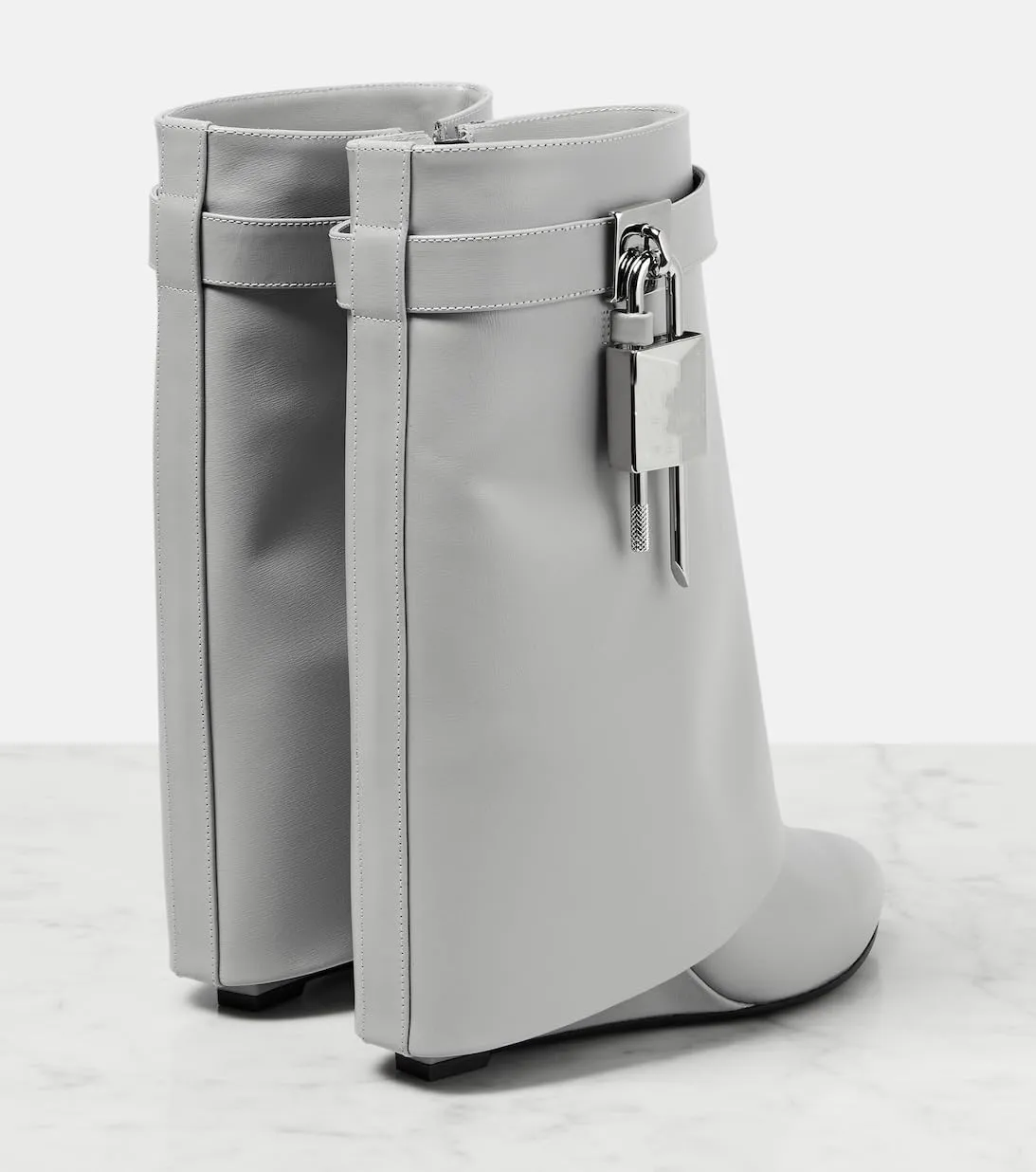 CORNMOOD Women Fold Over Shark Boots Wide Mid-calf Boots Platform Wedge Heel Almond Toe Faux Leather Pull On Short Booties with Padlock