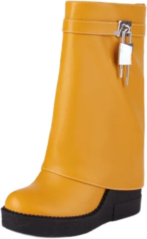 CORNMOOD Women Fold Over Shark Boots Wide Mid-calf Boots Platform Wedge Heel Almond Toe Faux Leather Pull On Short Booties with Padlock
