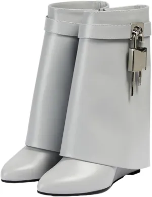 CORNMOOD Women Fold Over Shark Boots Wide Mid-calf Boots Platform Wedge Heel Almond Toe Faux Leather Pull On Short Booties with Padlock