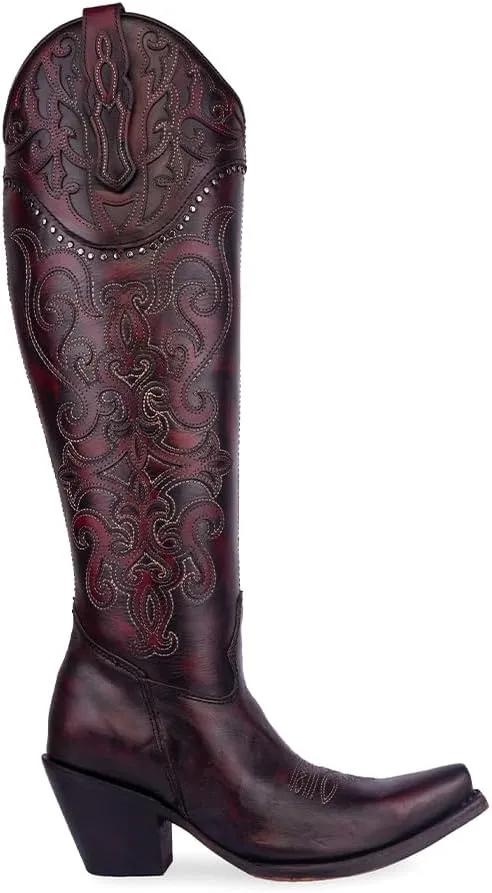 CORRAL LADIE'S BLACK CHERRY OVERLAY & EMBROIDERY & STUDS TALL TOP, CORRAL LARGE 52.0 X 32.0 X 11.5 SOLE,COWHIDE LEATHER, URBAN BOOT, C4091