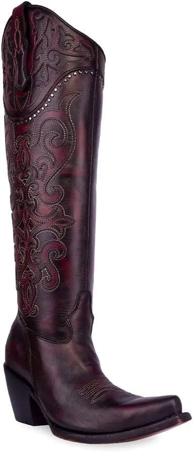 CORRAL LADIE'S BLACK CHERRY OVERLAY & EMBROIDERY & STUDS TALL TOP, CORRAL LARGE 52.0 X 32.0 X 11.5 SOLE,COWHIDE LEATHER, URBAN BOOT, C4091