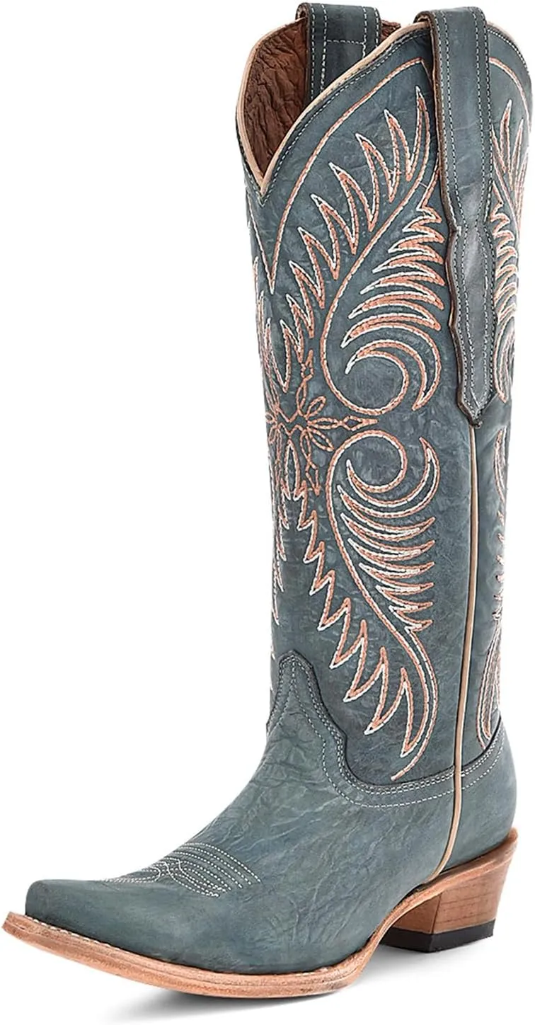 CORRAL Women's Circle G Embroidery Urban Western Outdoor Cowgirl Style Snip Toe Knee-High Pig Lining Cowhide Leather Boots