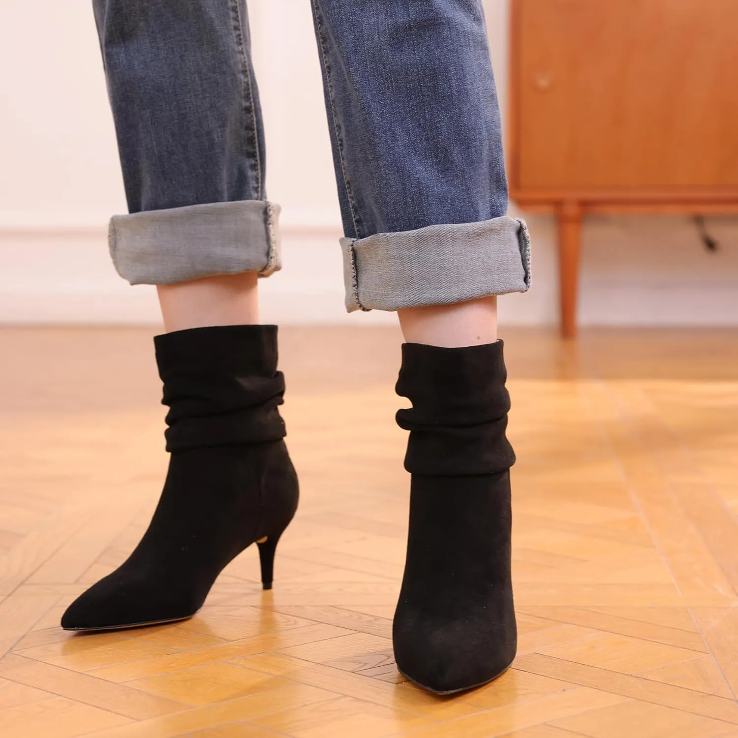 CosyFever Sexy Slouch Ankle Boots for Women with Fashion Mid Stiletto Heels Pointed Toe