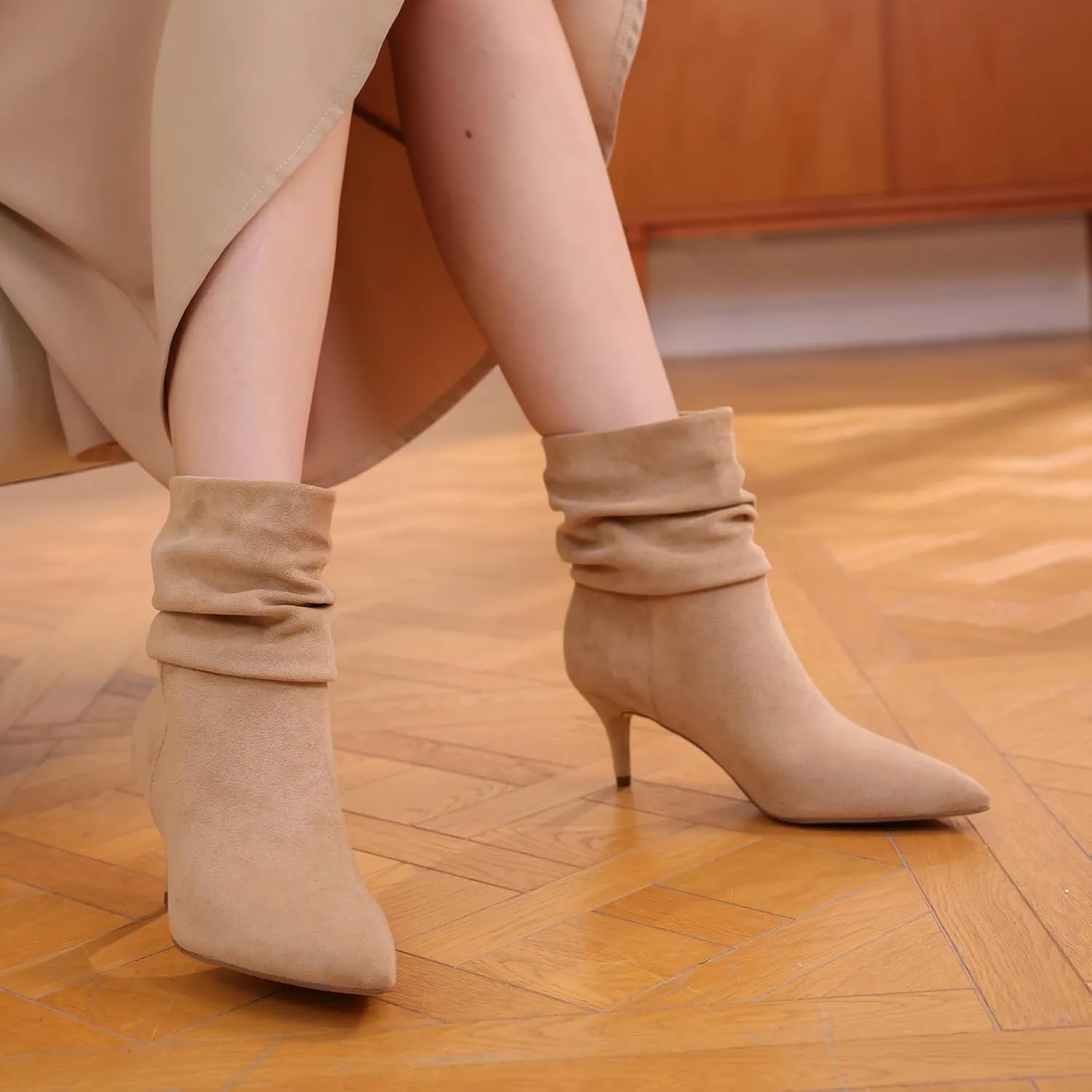 CosyFever Sexy Slouch Ankle Boots for Women with Fashion Mid Stiletto Heels Pointed Toe