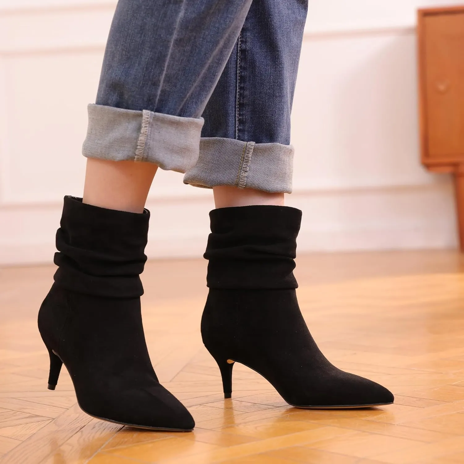CosyFever Sexy Slouch Ankle Boots for Women with Fashion Mid Stiletto Heels Pointed Toe