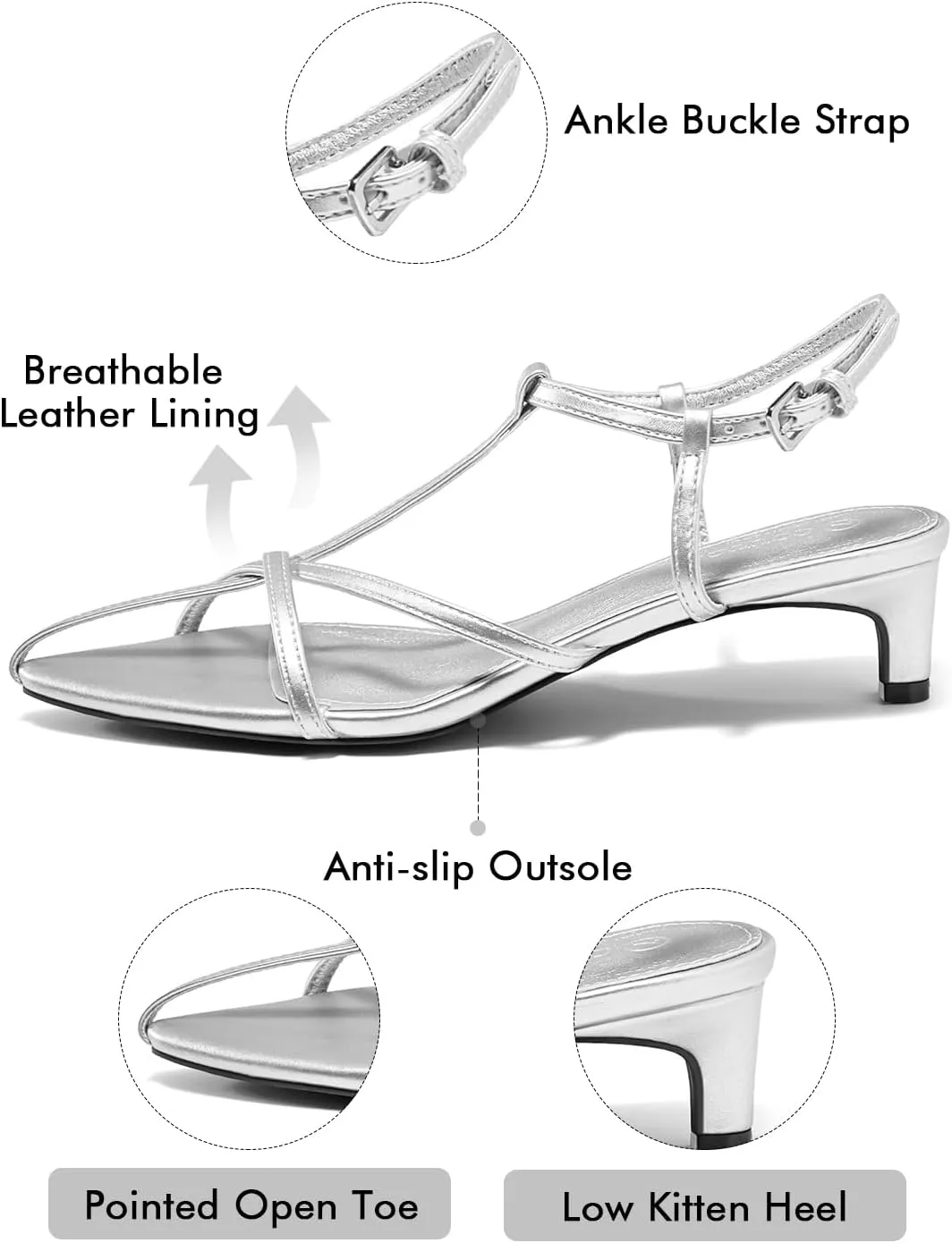 Coutgo Womens Dress Sandals Strappy Low Kitten Heels Pointed Open Toe Summer Beach Shoes