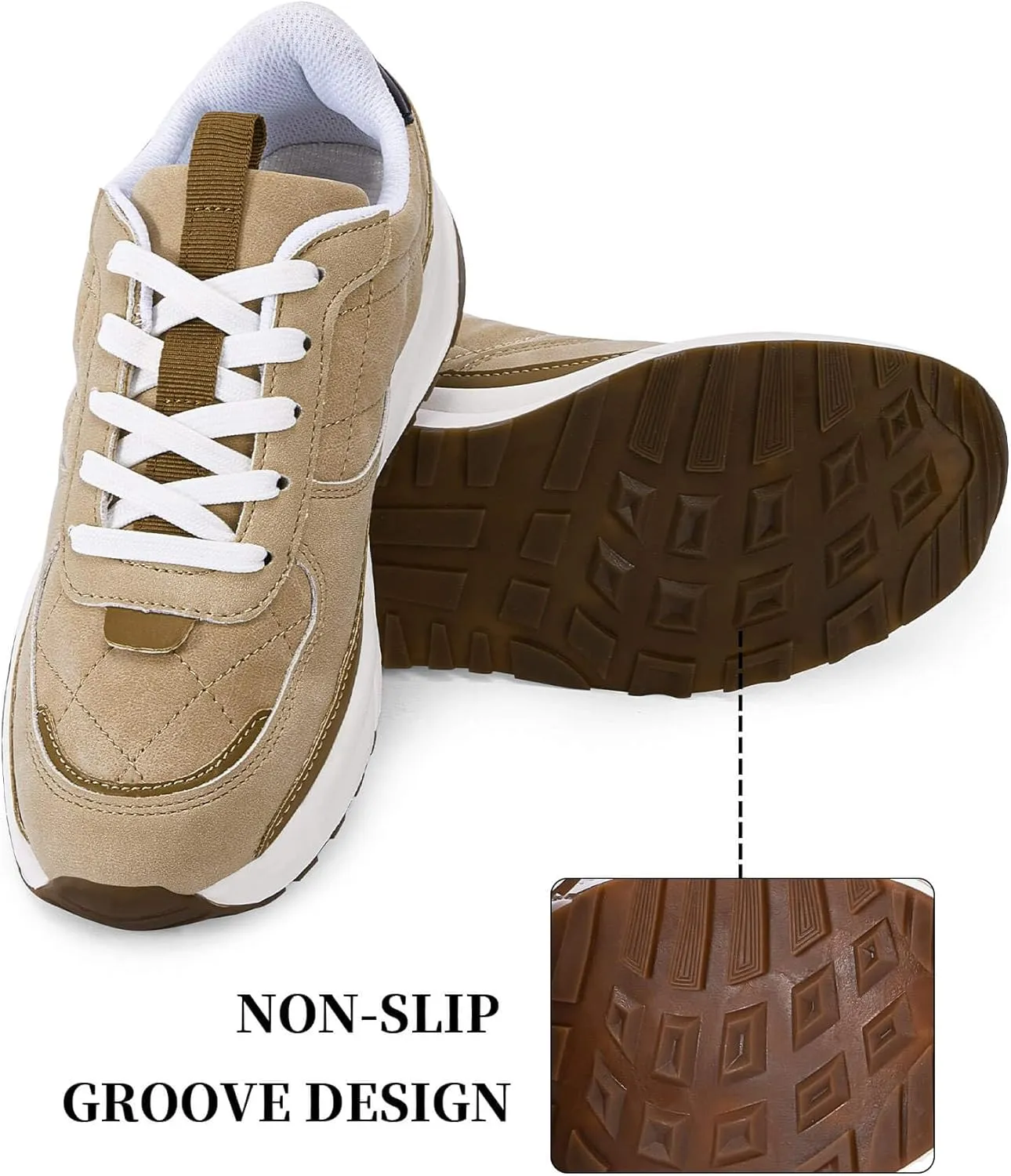 Coutgo Womens Lace Up Platform Sneakers Trendy Athletic Tennis Faux Leather Suede Neutral Comfortable Walking Shoes