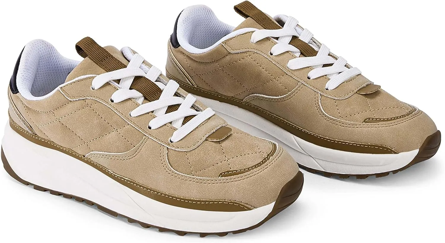 Coutgo Womens Lace Up Platform Sneakers Trendy Athletic Tennis Faux Leather Suede Neutral Comfortable Walking Shoes