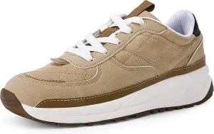 Coutgo Womens Lace Up Platform Sneakers Trendy Athletic Tennis Faux Leather Suede Neutral Comfortable Walking Shoes