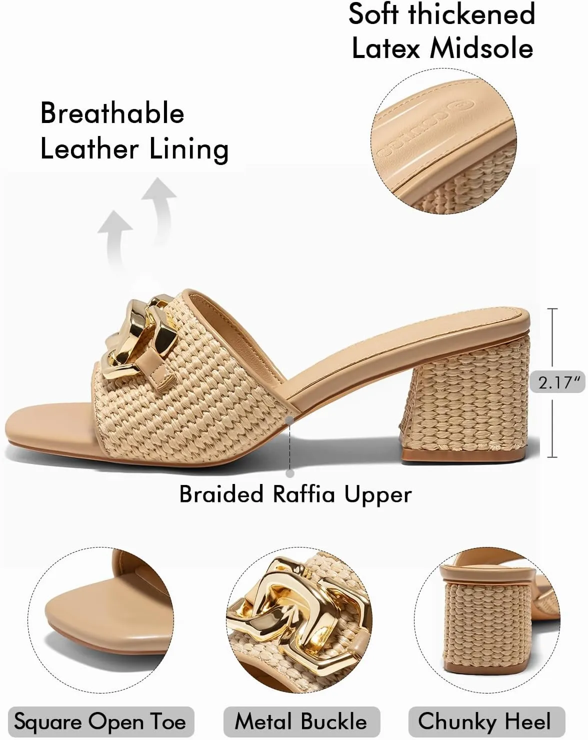 Coutgo Womens Raffia Slide Sandals Chunky Block Heeled Square Open Toe Metal Chain Slip on Mules Dressy Shoes