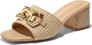 Coutgo Womens Raffia Slide Sandals Chunky Block Heeled Square Open Toe Metal Chain Slip on Mules Dressy Shoes