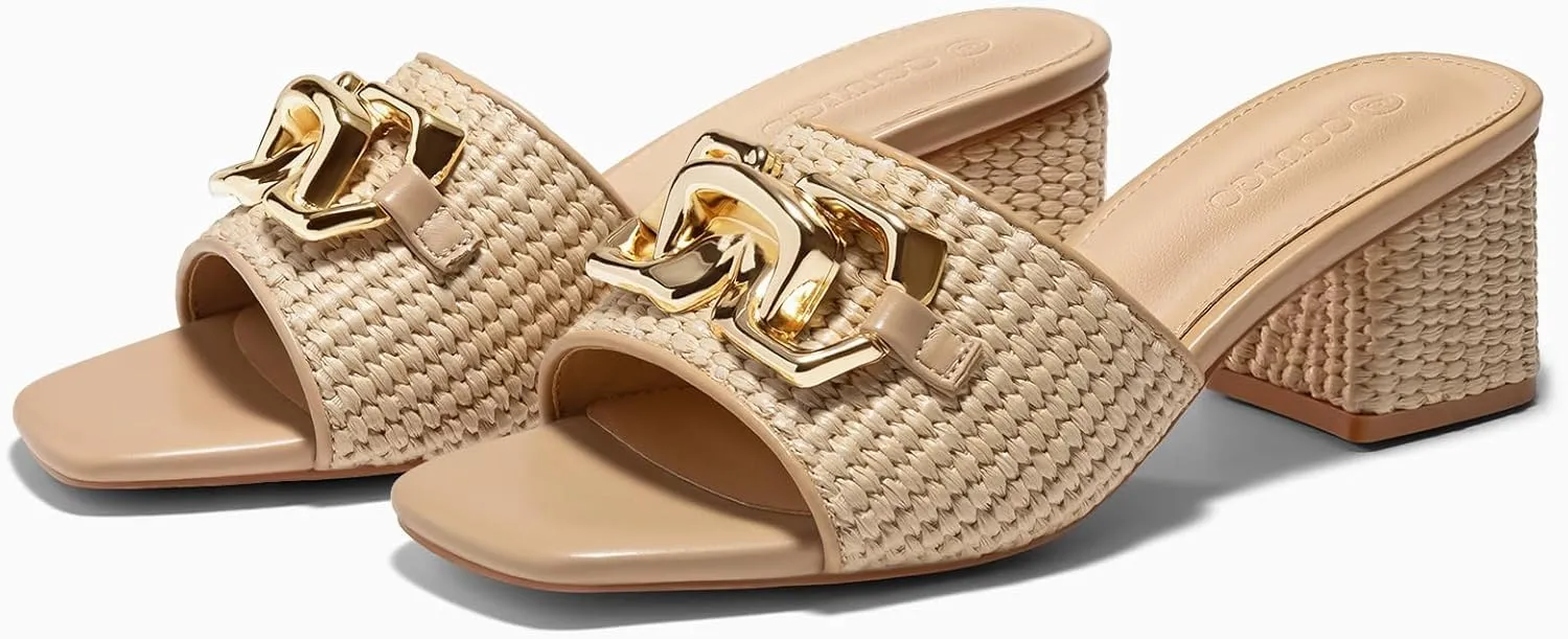 Coutgo Womens Raffia Slide Sandals Chunky Block Heeled Square Open Toe Metal Chain Slip on Mules Dressy Shoes