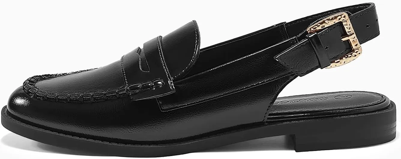 Coutgo Women's Slingback Loafers Comfortable Pointed Toe Chunky Low Heel Adjustable Buckle Strap Flat Shoes