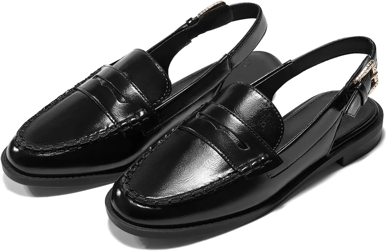 Coutgo Women's Slingback Loafers Comfortable Pointed Toe Chunky Low Heel Adjustable Buckle Strap Flat Shoes