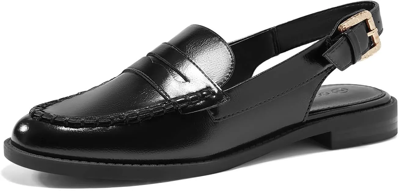 Coutgo Women's Slingback Loafers Comfortable Pointed Toe Chunky Low Heel Adjustable Buckle Strap Flat Shoes