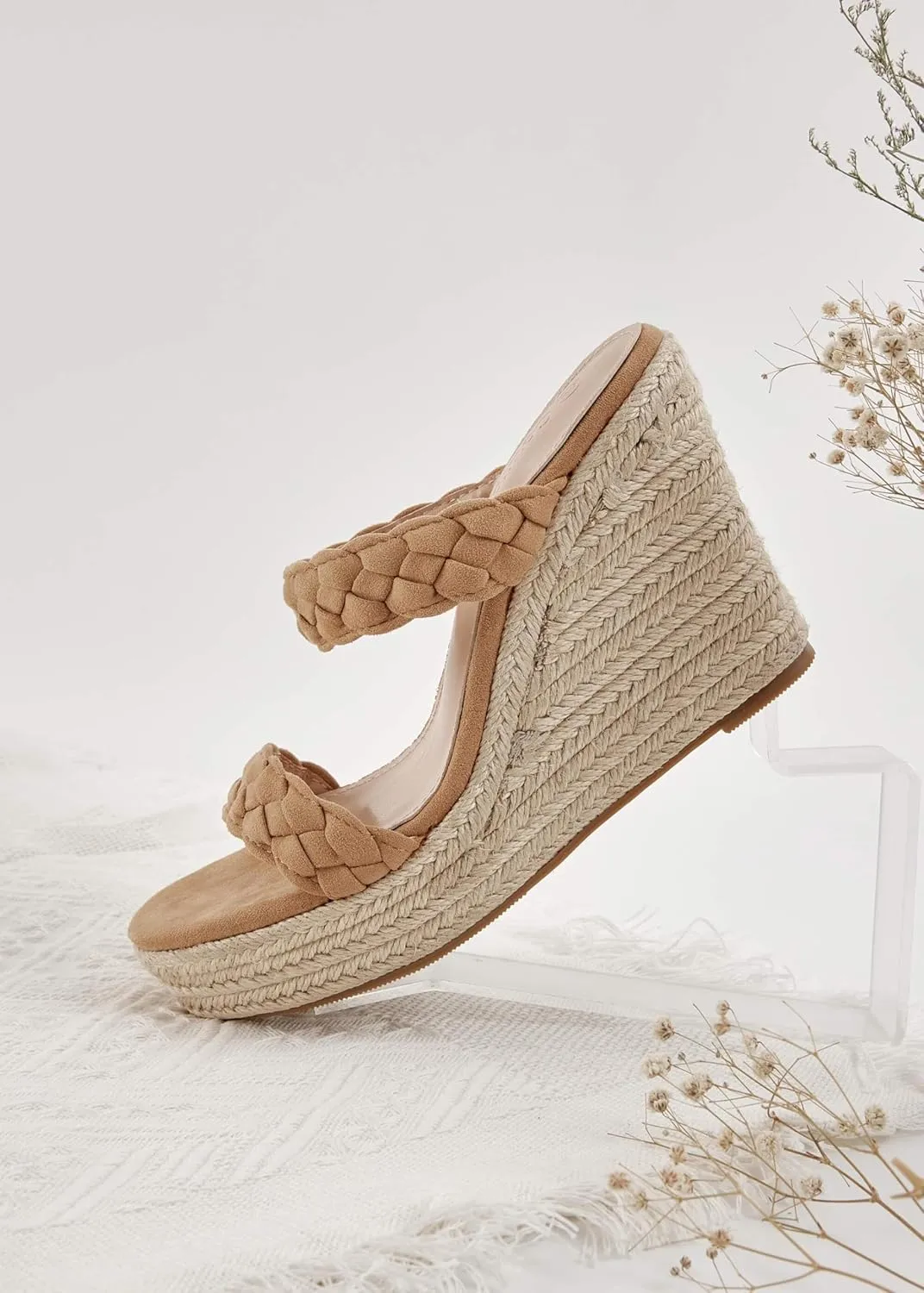 Coutgo Womens Wedge Platform Sandals Espadrilles Two Strap Woven Slip On Summer Cute Slide Sandals