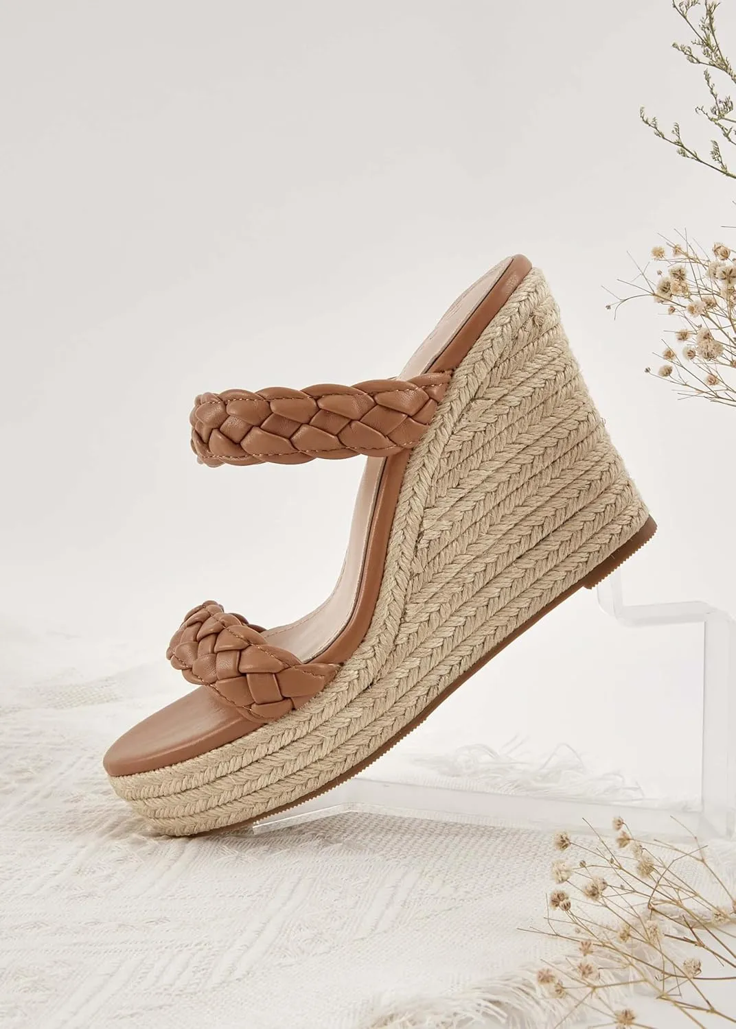 Coutgo Womens Wedge Platform Sandals Espadrilles Two Strap Woven Slip On Summer Cute Slide Sandals