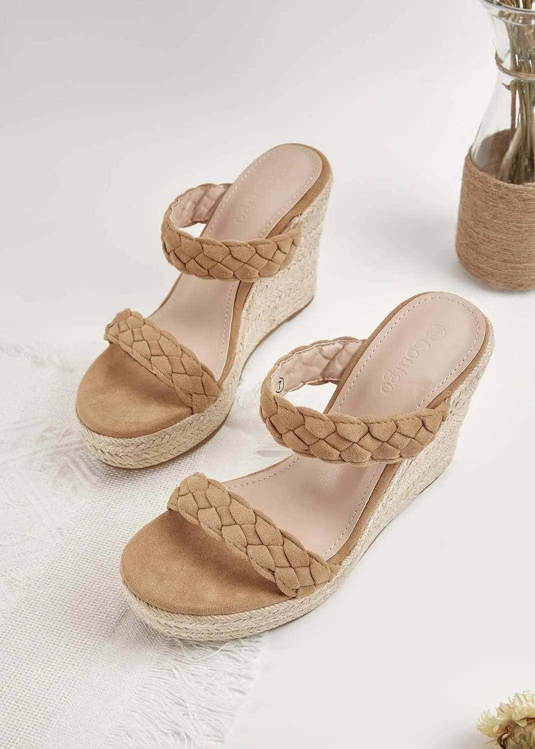 Coutgo Womens Wedge Platform Sandals Espadrilles Two Strap Woven Slip On Summer Cute Slide Sandals