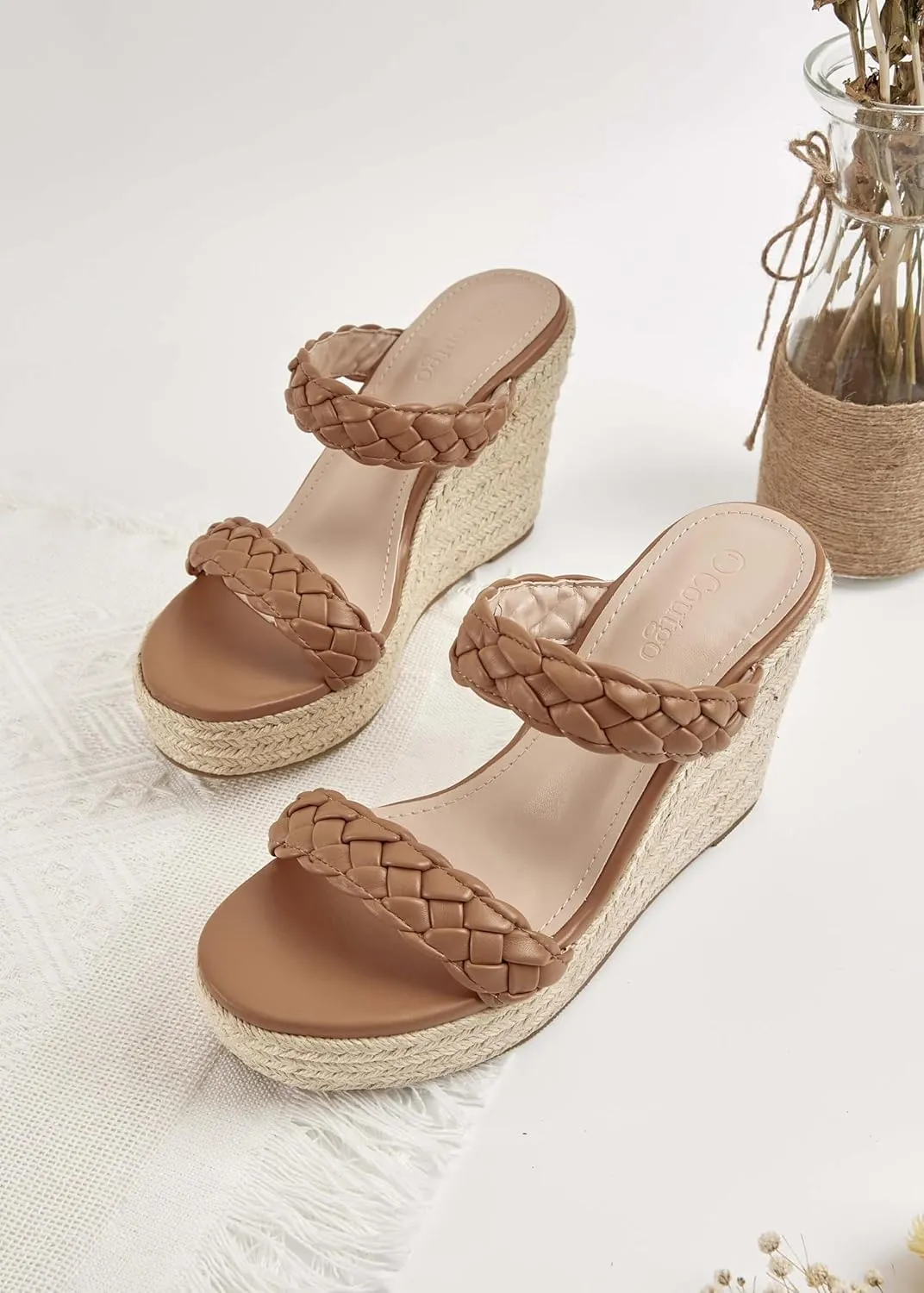 Coutgo Womens Wedge Platform Sandals Espadrilles Two Strap Woven Slip On Summer Cute Slide Sandals