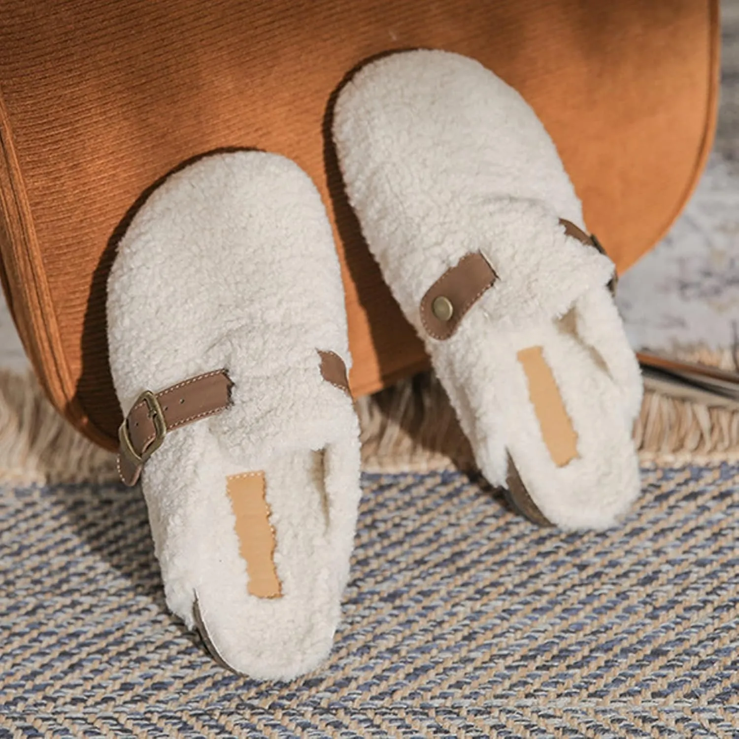 CT-Tebrun Women Shearling Slipper，Buckled Sherpa-effect Loafers With Round Toe Clog Soft Fuzzy Slip On Mules Women's Slippers