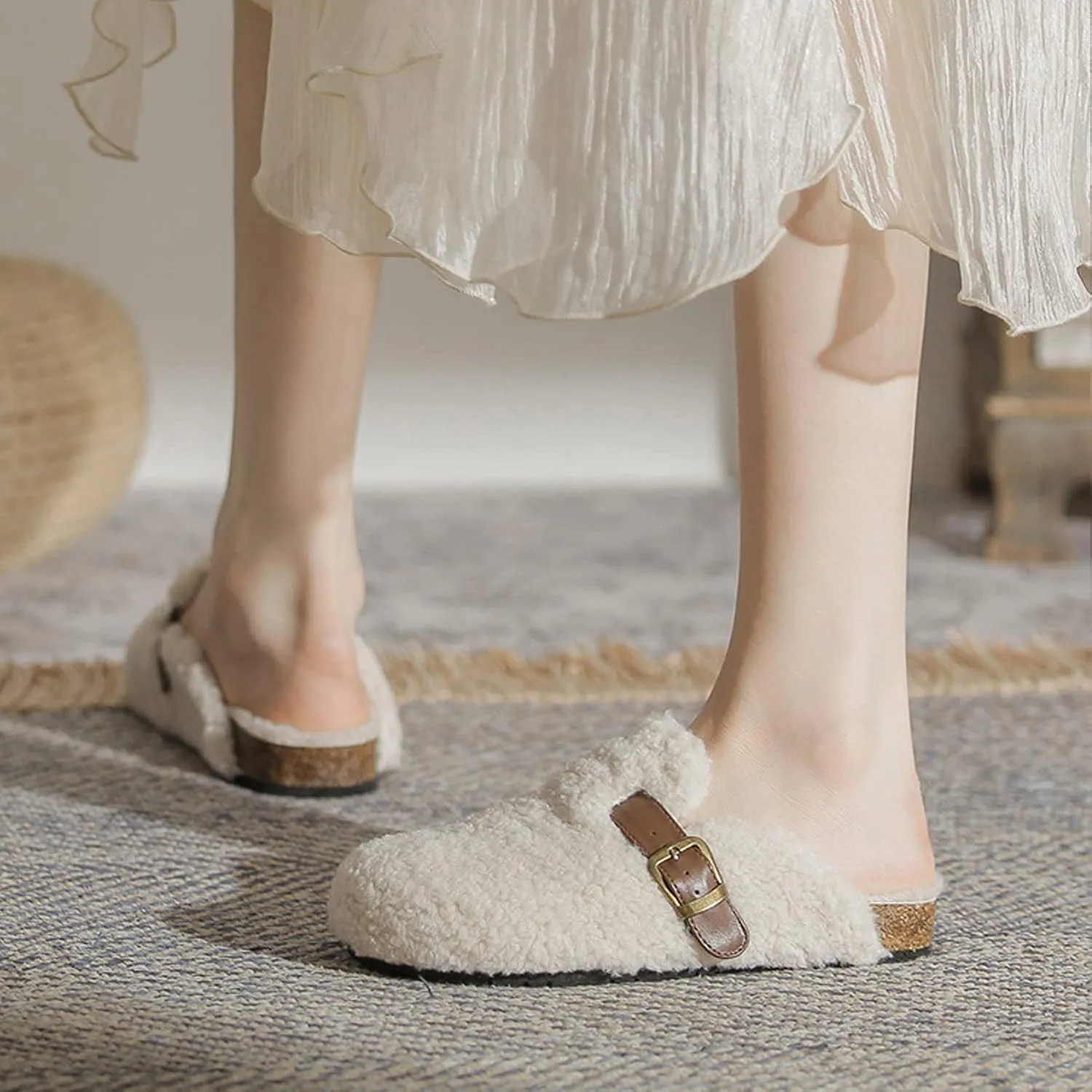 CT-Tebrun Women Shearling Slipper，Buckled Sherpa-effect Loafers With Round Toe Clog Soft Fuzzy Slip On Mules Women's Slippers