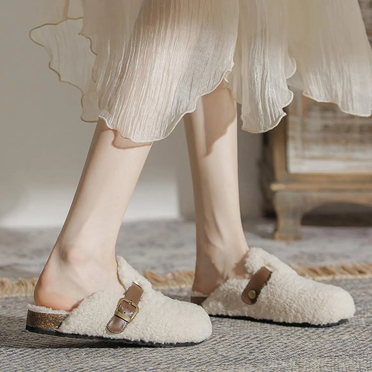 CT-Tebrun Women Shearling Slipper，Buckled Sherpa-effect Loafers With Round Toe Clog Soft Fuzzy Slip On Mules Women's Slippers