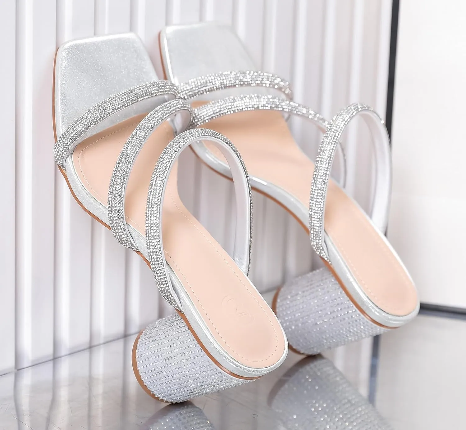 DADAWEN Women's Rhinestone Heeled Sandals Square Toe Strappy Chunky Block Heels for Women Comfortable Wedding Party Dress Pumps Shoes