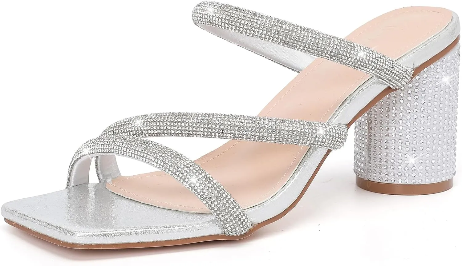 DADAWEN Women's Rhinestone Heeled Sandals Square Toe Strappy Chunky Block Heels for Women Comfortable Wedding Party Dress Pumps Shoes