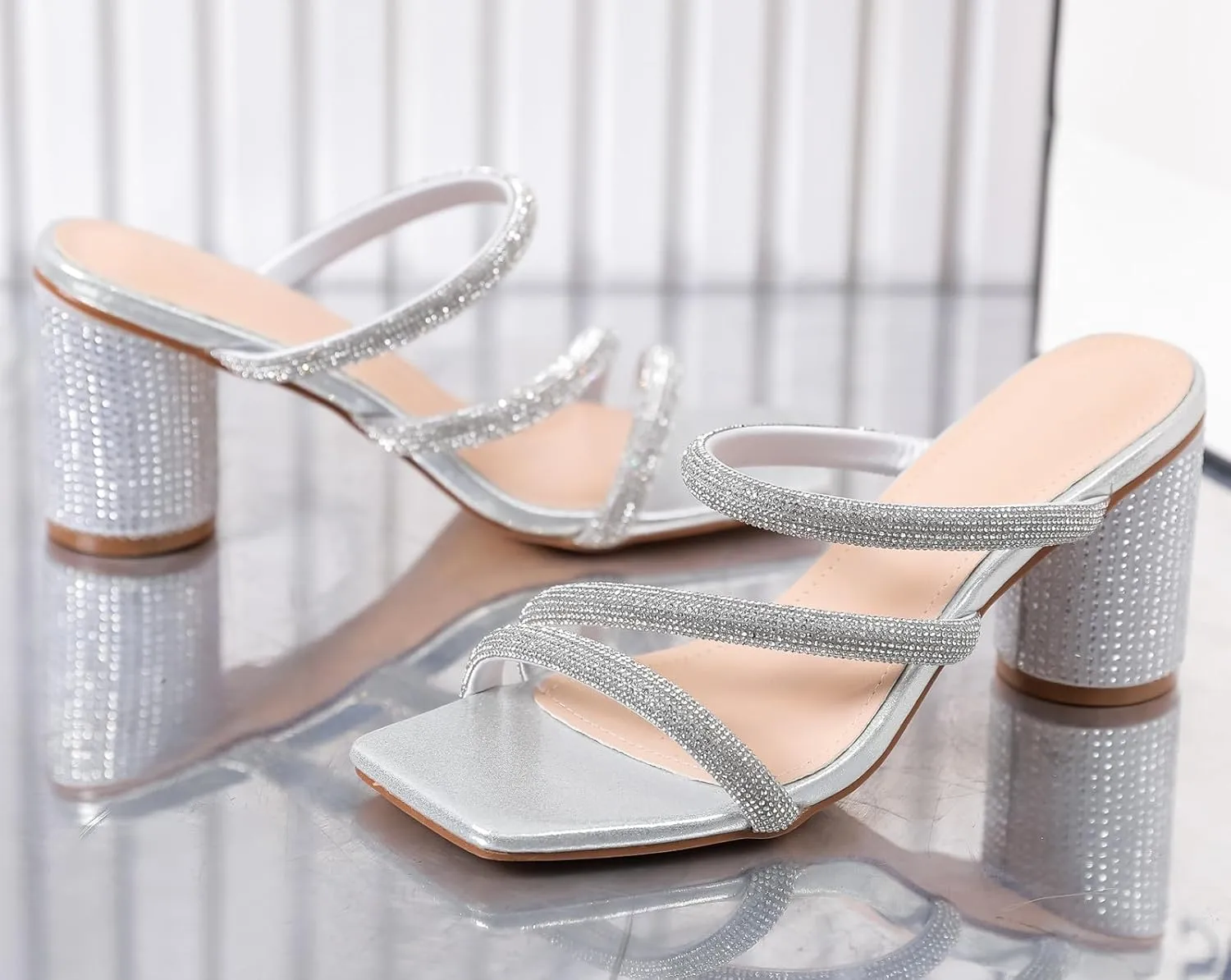 DADAWEN Women's Rhinestone Heeled Sandals Square Toe Strappy Chunky Block Heels for Women Comfortable Wedding Party Dress Pumps Shoes