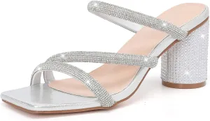 DADAWEN Women's Rhinestone Heeled Sandals Square Toe Strappy Chunky Block Heels for Women Comfortable Wedding Party Dress Pumps Shoes
