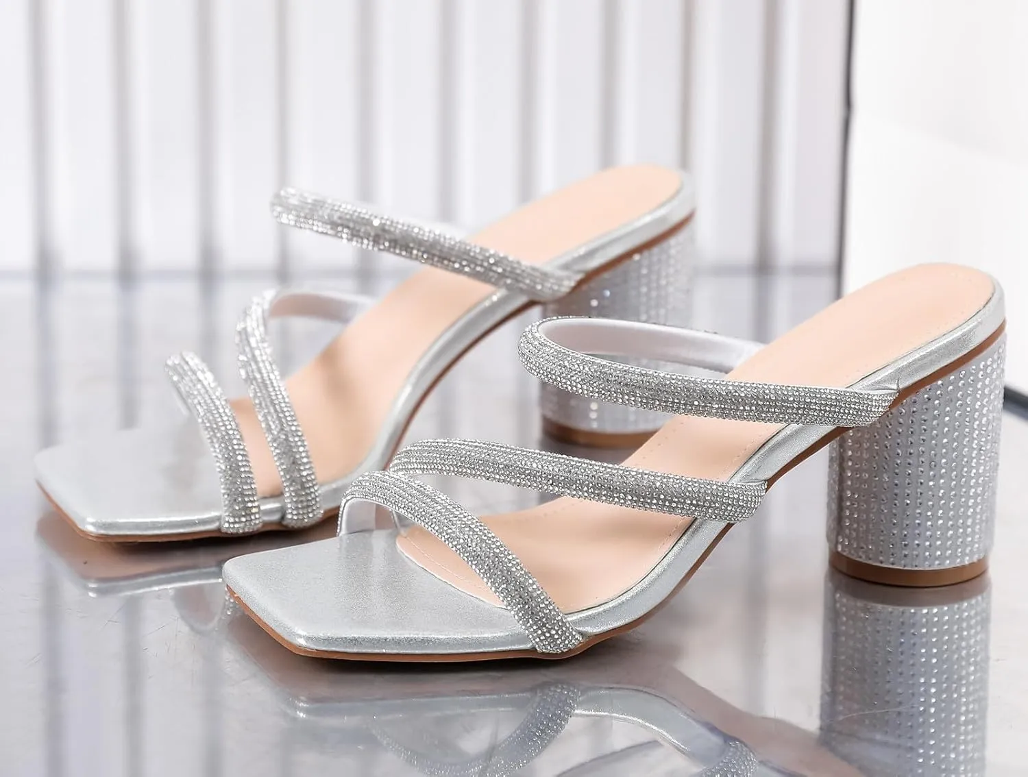 DADAWEN Women's Rhinestone Heeled Sandals Square Toe Strappy Chunky Block Heels for Women Comfortable Wedding Party Dress Pumps Shoes