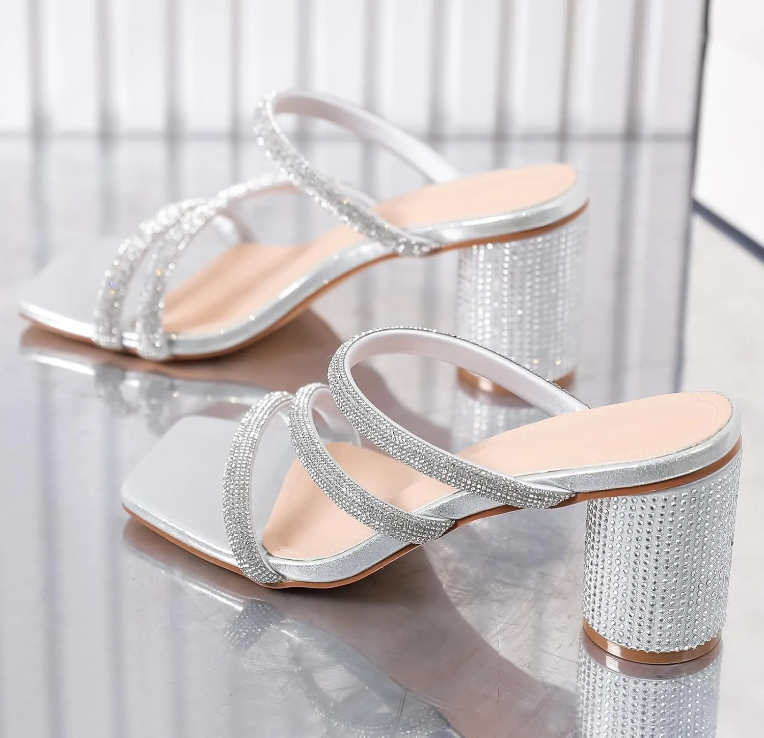 DADAWEN Women's Rhinestone Heeled Sandals Square Toe Strappy Chunky Block Heels for Women Comfortable Wedding Party Dress Pumps Shoes