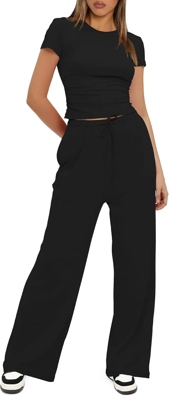 Darong Women's 2 Piece Outfits Lounge Sets Ruched Short Sleeve Tops High Waisted Wide Leg Pants Tracksuit Sets