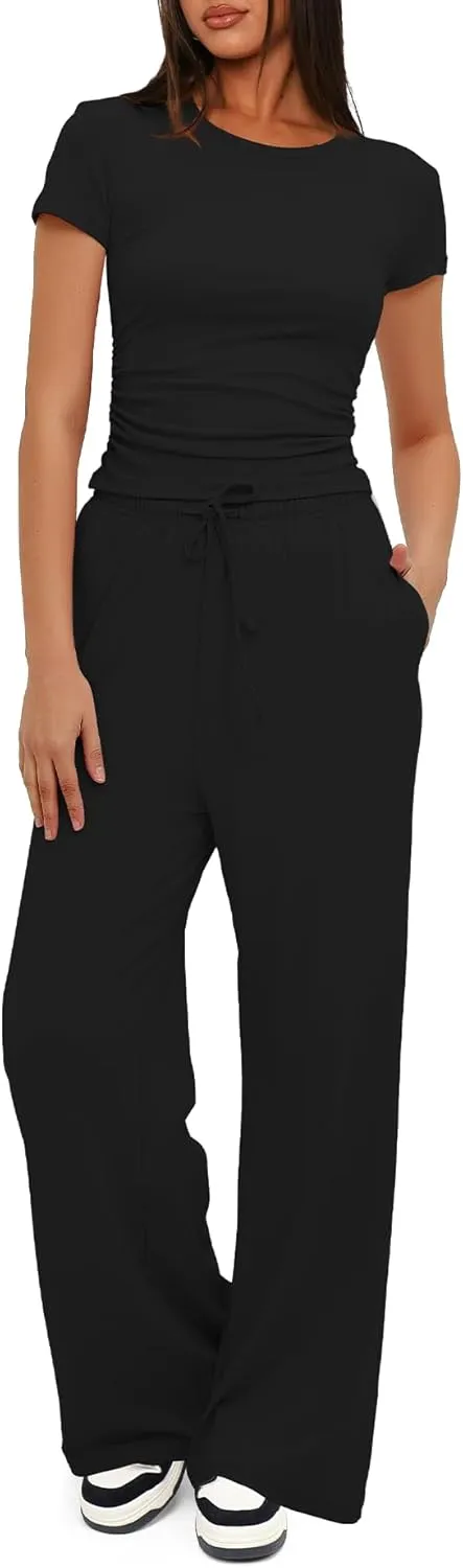 Darong Women's 2 Piece Outfits Lounge Sets Ruched Short Sleeve Tops High Waisted Wide Leg Pants Tracksuit Sets