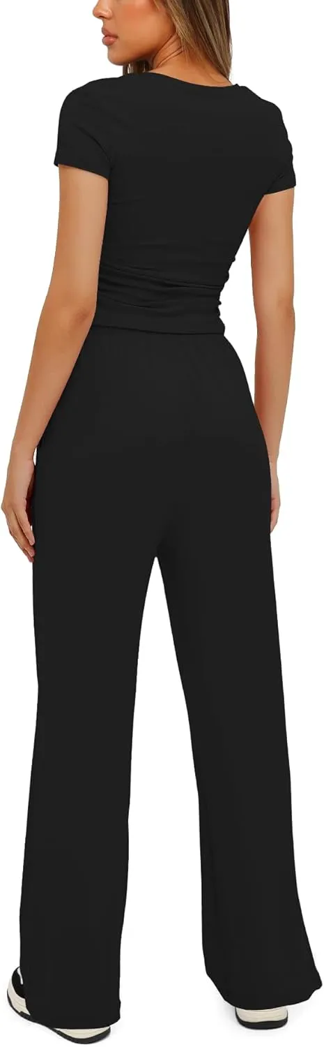 Darong Women's 2 Piece Outfits Lounge Sets Ruched Short Sleeve Tops High Waisted Wide Leg Pants Tracksuit Sets