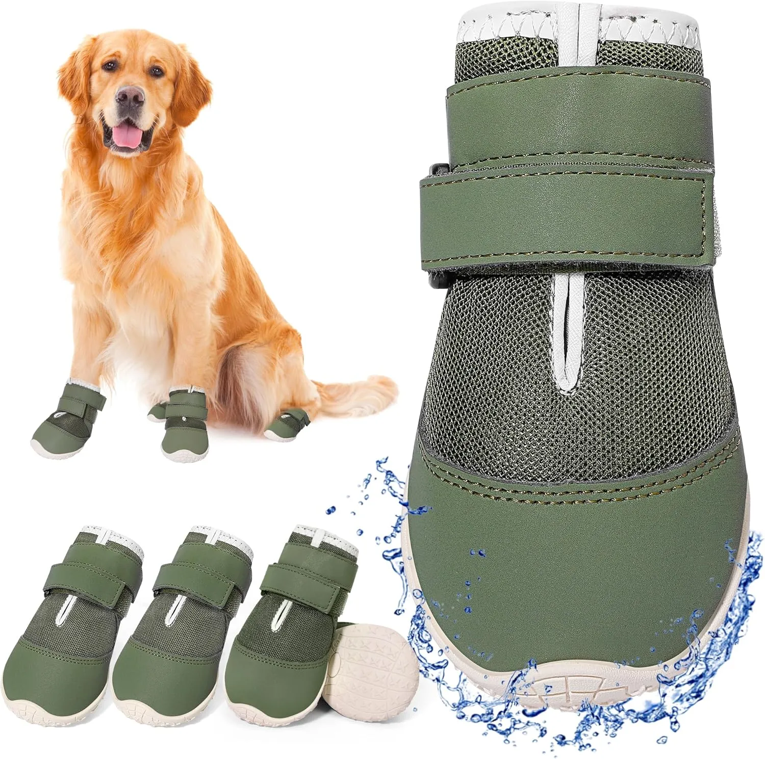 DcOaGt Dog Shoes for Large Dogs, Mesh Breathable Dog Boots & Paw Protectors for Hot Pavement Summer Winter Snow, 360° Anti-Slip Dog Booties for Hiking/Walking,Military Green 4PCS(Size 7)