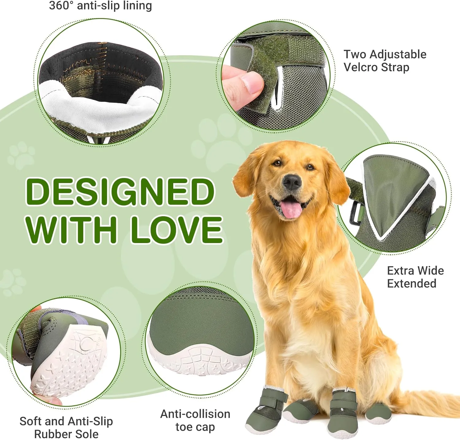 DcOaGt Dog Shoes for Large Dogs, Mesh Breathable Dog Boots & Paw Protectors for Hot Pavement Summer Winter Snow, 360° Anti-Slip Dog Booties for Hiking/Walking,Military Green 4PCS(Size 7)
