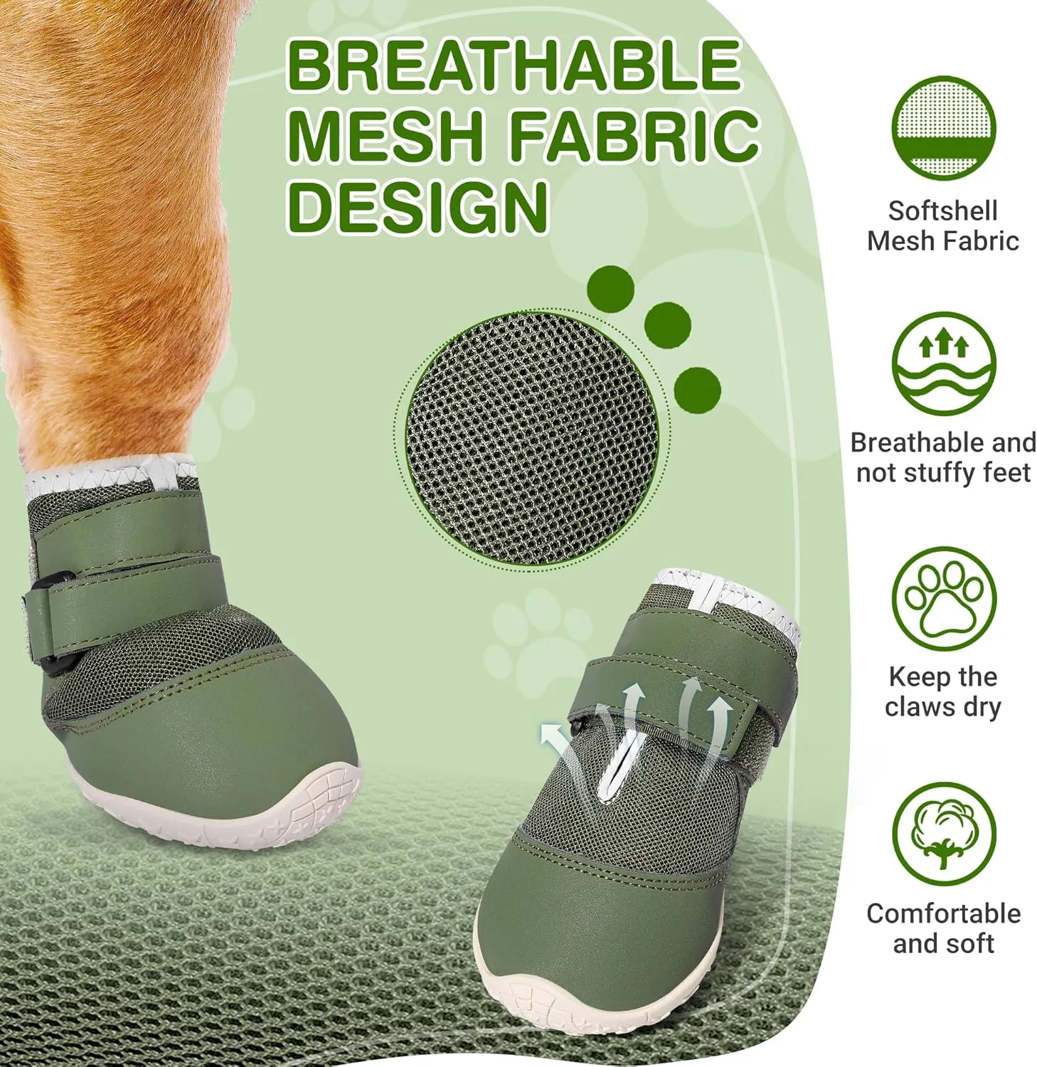 DcOaGt Dog Shoes for Large Dogs, Mesh Breathable Dog Boots & Paw Protectors for Hot Pavement Summer Winter Snow, 360° Anti-Slip Dog Booties for Hiking/Walking,Military Green 4PCS(Size 7)