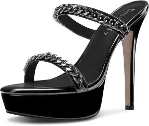 DearOnly Womens Stiletto High Platform Heel Open Toe Slip-on Metal Chain Sandals Prom Party Mules Shoes 5.1 Inches Heels