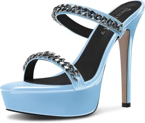 DearOnly Womens Stiletto High Platform Heel Open Toe Slip-on Metal Chain Sandals Prom Party Mules Shoes 5.1 Inches Heels