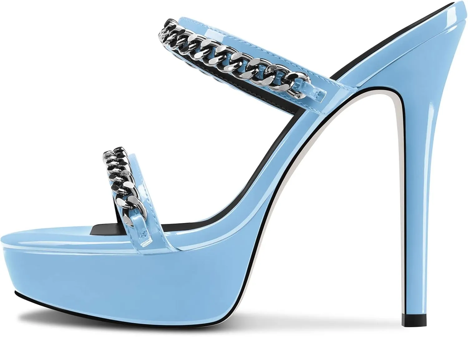 DearOnly Womens Stiletto High Platform Heel Open Toe Slip-on Metal Chain Sandals Prom Party Mules Shoes 5.1 Inches Heels