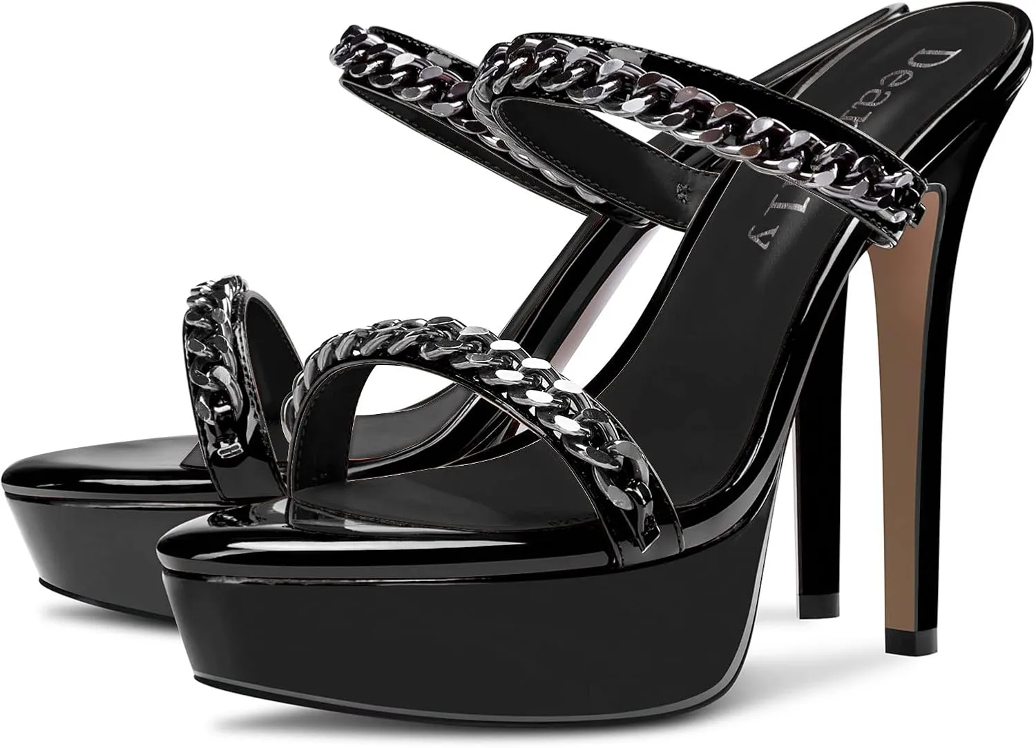 DearOnly Womens Stiletto High Platform Heel Open Toe Slip-on Metal Chain Sandals Prom Party Mules Shoes 5.1 Inches Heels
