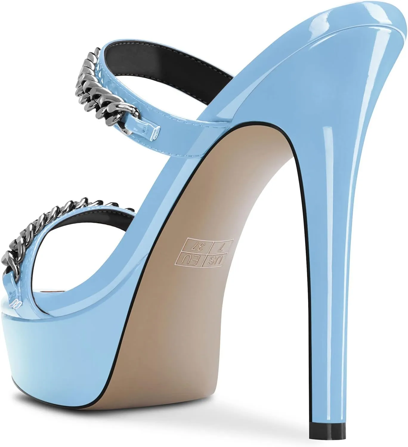 DearOnly Womens Stiletto High Platform Heel Open Toe Slip-on Metal Chain Sandals Prom Party Mules Shoes 5.1 Inches Heels